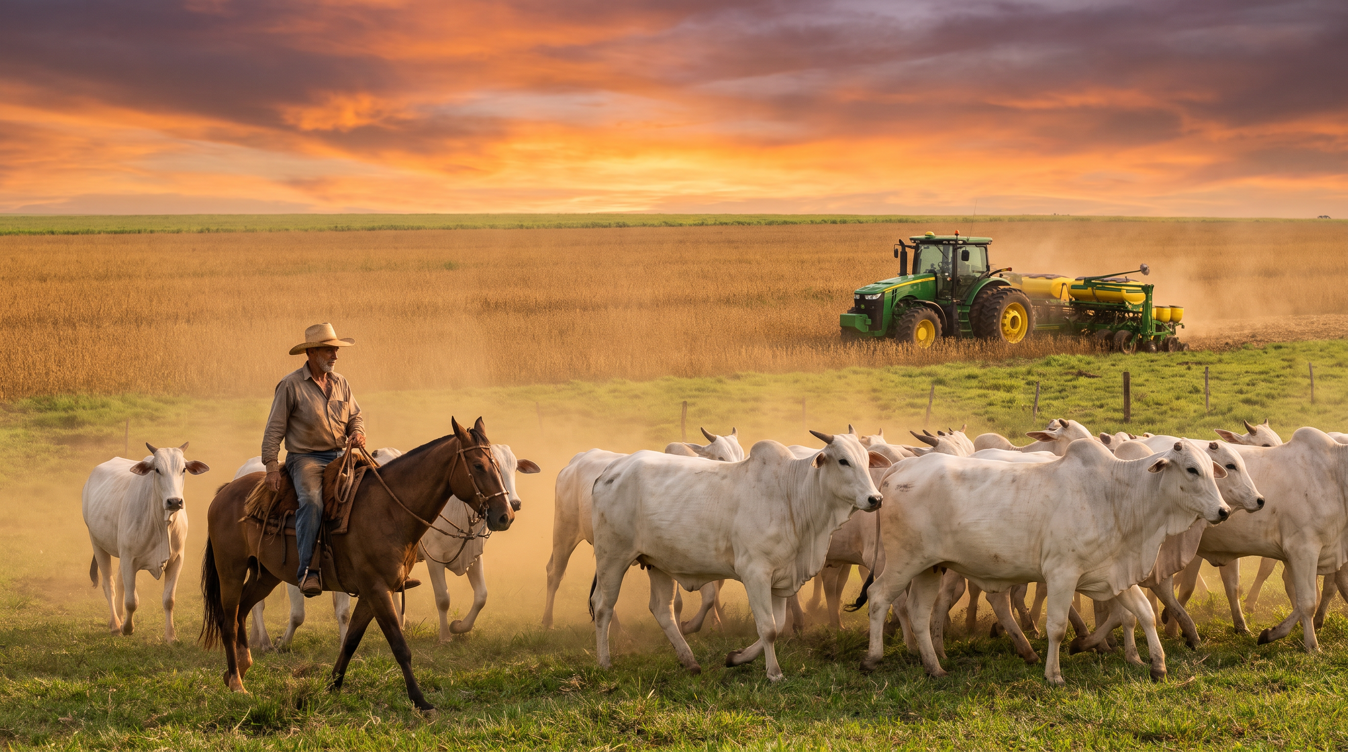 Vaqueiro conduzindo gado Nelore a cavalo com trator ao fundo em plantação, representando o agronegócio brasileiro
