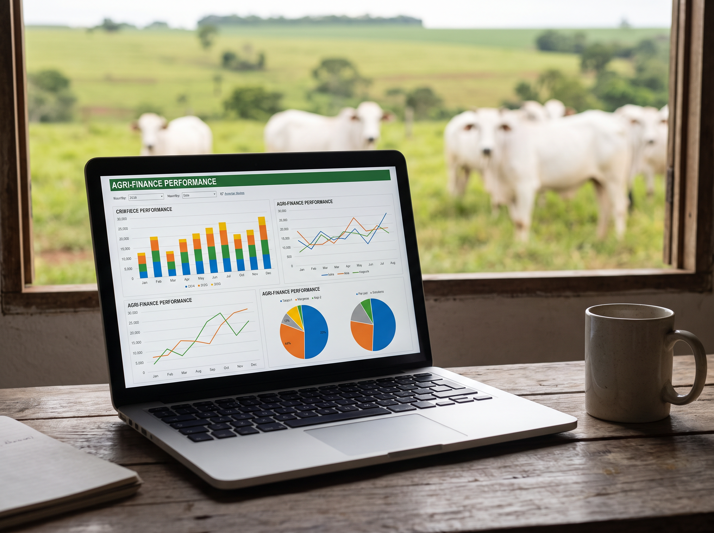 Painel de dados financeiros e contábeis em laptop, com pasto e gado Nelore ao fundo