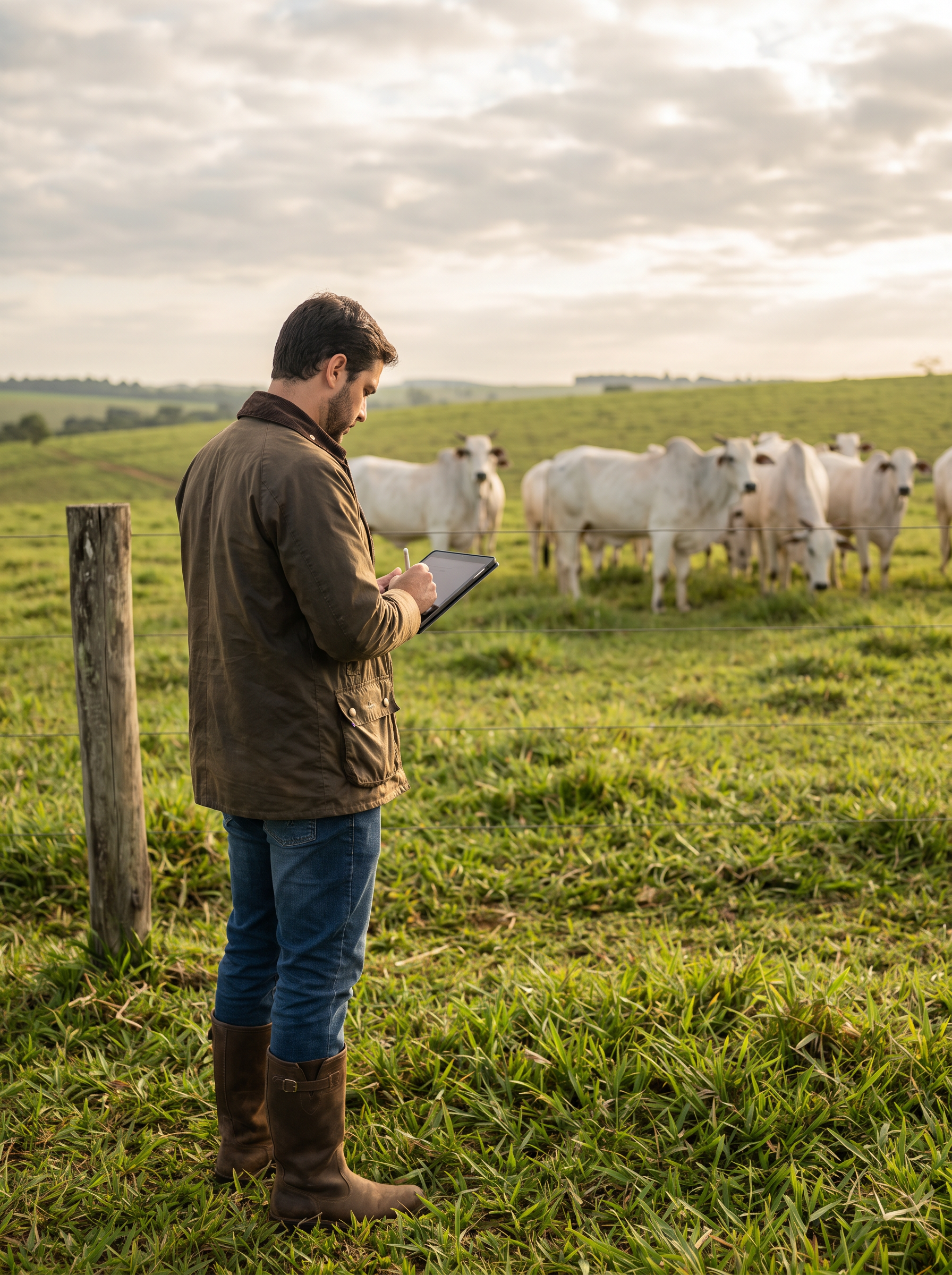Especialista analisando dados no campo com gado Nelore a pasto ao fundo